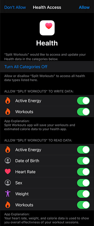 Allow Split Workouts to access and update your Health data
